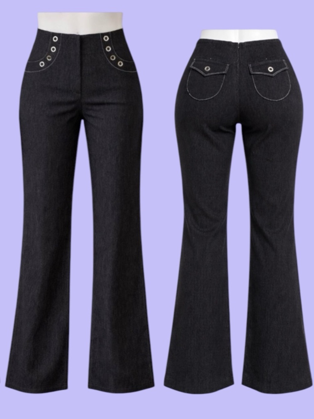 Svetlana 1990s Vintage Goth Black Wide-Leg Pants with Grommet Detail